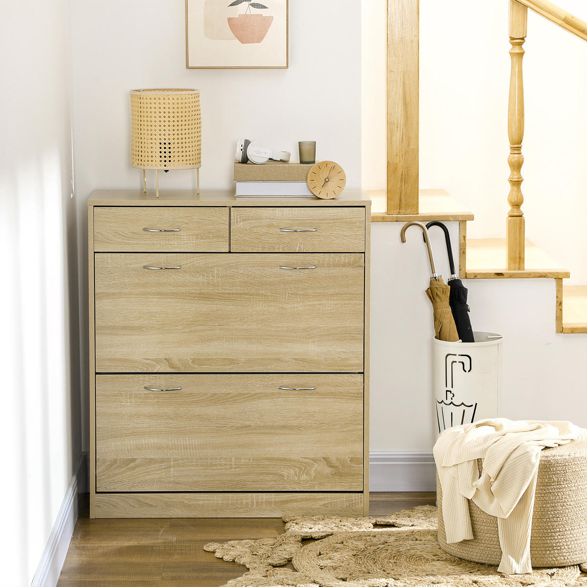 SCHUHSCHRANK DE-14988 2 Klapptüren & 2 Schubladen mit verstellbaren Böden Naturholz - Eichefarben, Holzwerkstoff (80/91.5/30cm) - ComfortXL