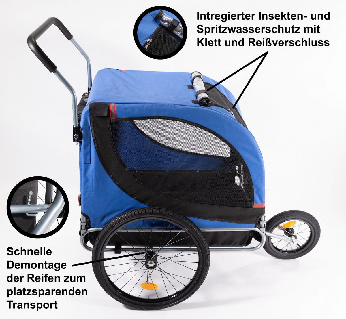 HUNDEANHÄNGER, Fahrradanhänger, 3in1, Hundebuggy, Jogger, Hundewagen, Bis 40kg, Klappbar, Für Fahrrad, Outdoor, Haustier, Transport, Reise, Faltbar - Blau/Schwarz, Metall (75/103/139cm) - Sena