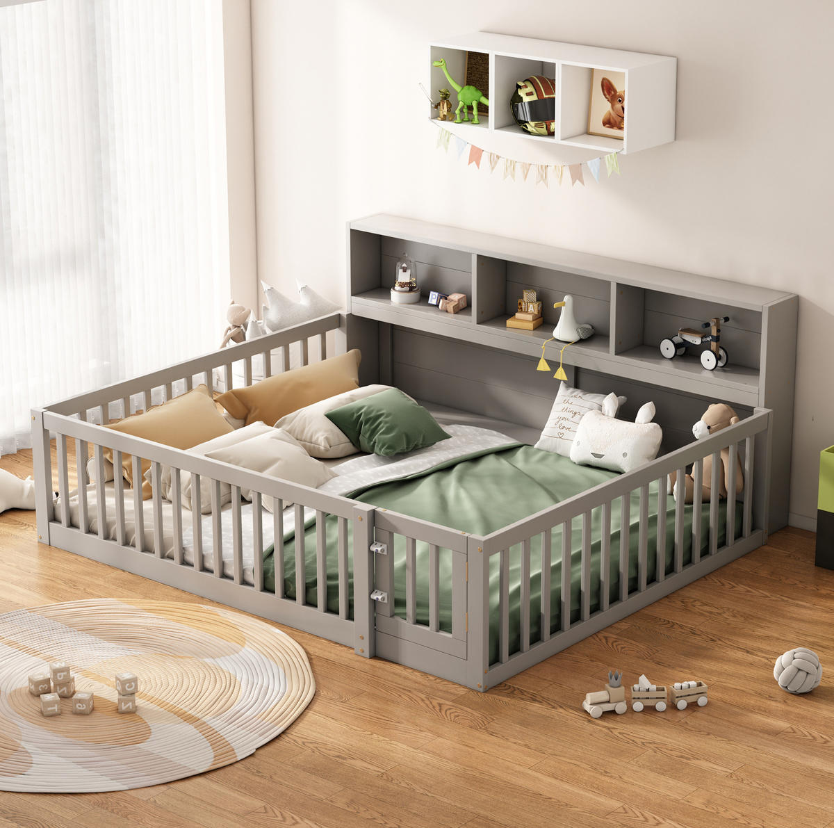 DENNÍ postel 140/200 cm šedá z borovice a MDF s úložným prostorem a zábradlím - šedá, dřevo (140/200cm) - OKWISH