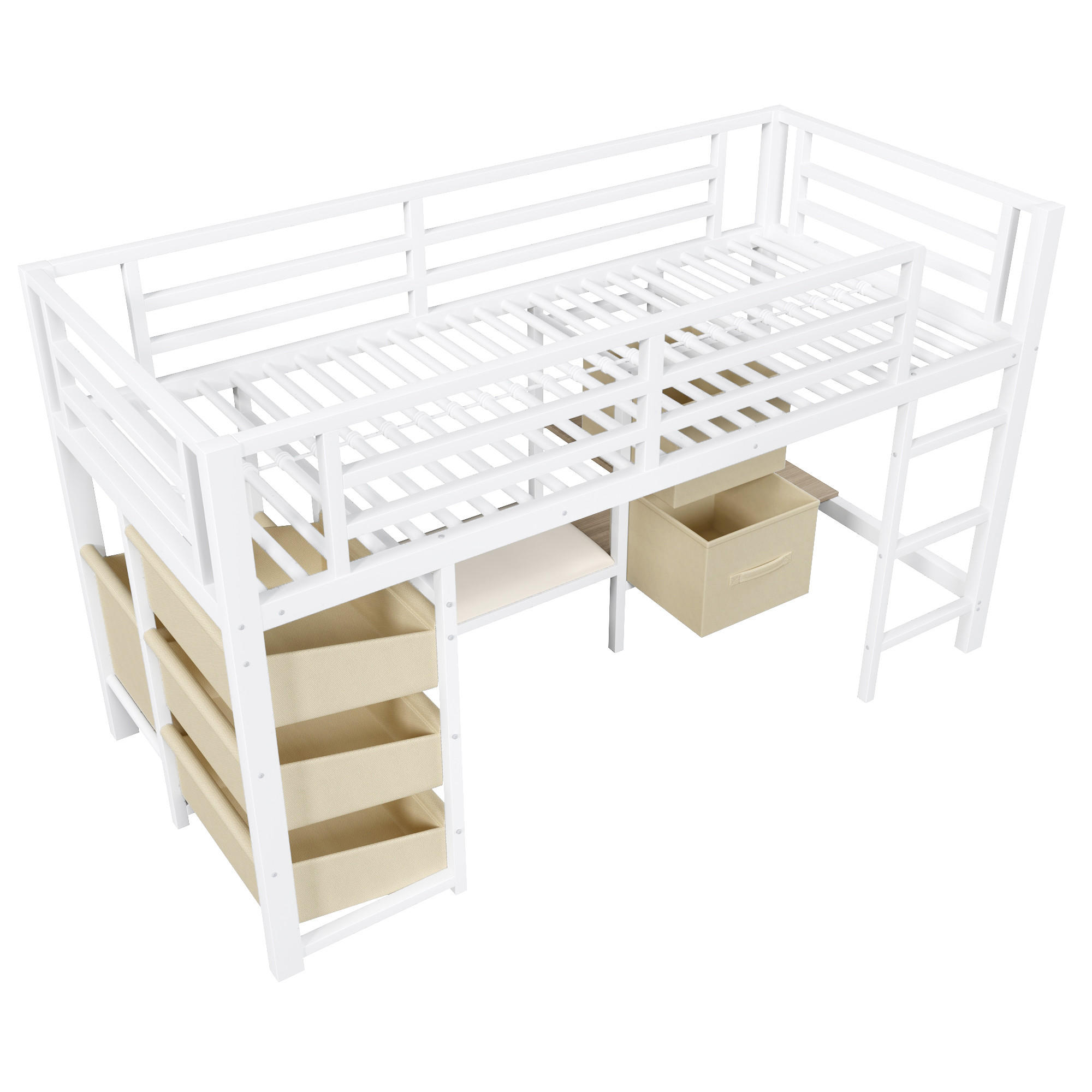 HOCHBETT 90/200 cm DE-04442, mit LED, Stoffschubladen und Kleiderhaken in Weiß - Weiß, Metall (90/200cm) - ComfortXL