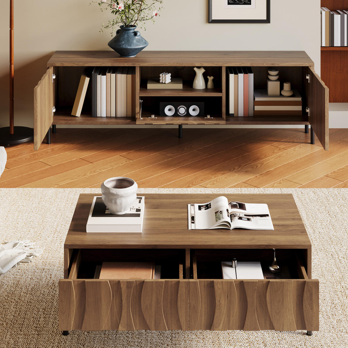 WOHNZIMMER-SET Massivholz Wellen Couchtisch TV modern - Naturfarben, Holzwerkstoff (160/46/35cm) - FLIEKS