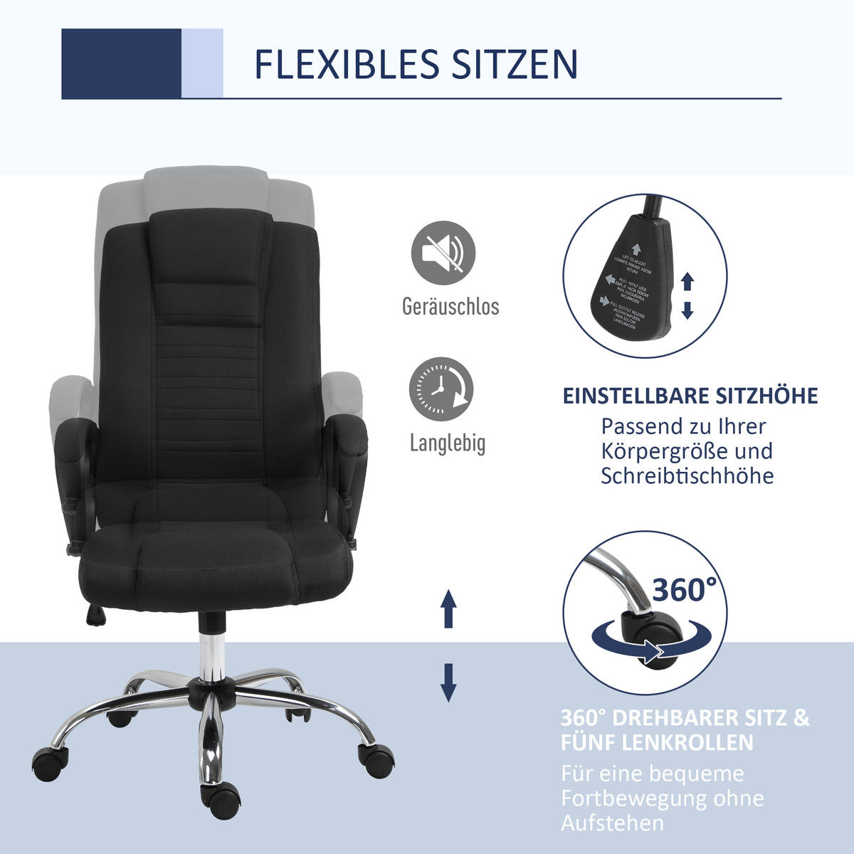 BÜROSTUHL, Computerstuhl, Schwarz - Schwarz, Kunststoff (60/129/65cm) - Vinsetto