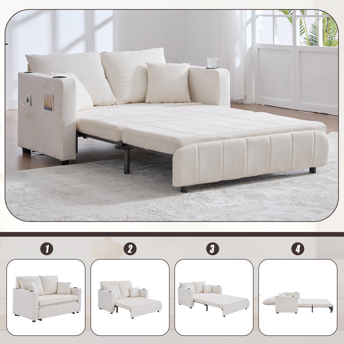 SOFA klappbar mit 4 Kissen und USB-Ladefunktion Chenille Beige 139/83/58 cm - Beige, Textil (139/83/73cm) - OKWISH