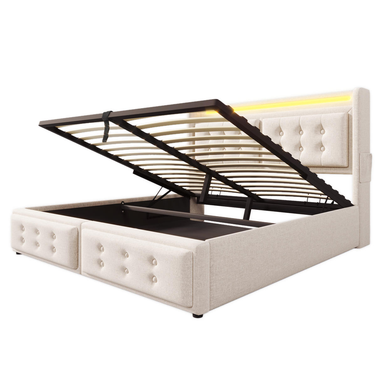 POLSTERBETT 180/200 cm mit LED-Beleuchtung, USB-C, Steckdose und Bettkasten aus Baumwoll-Leinen, Beige - Beige, Textil (180/200cm) - Redom