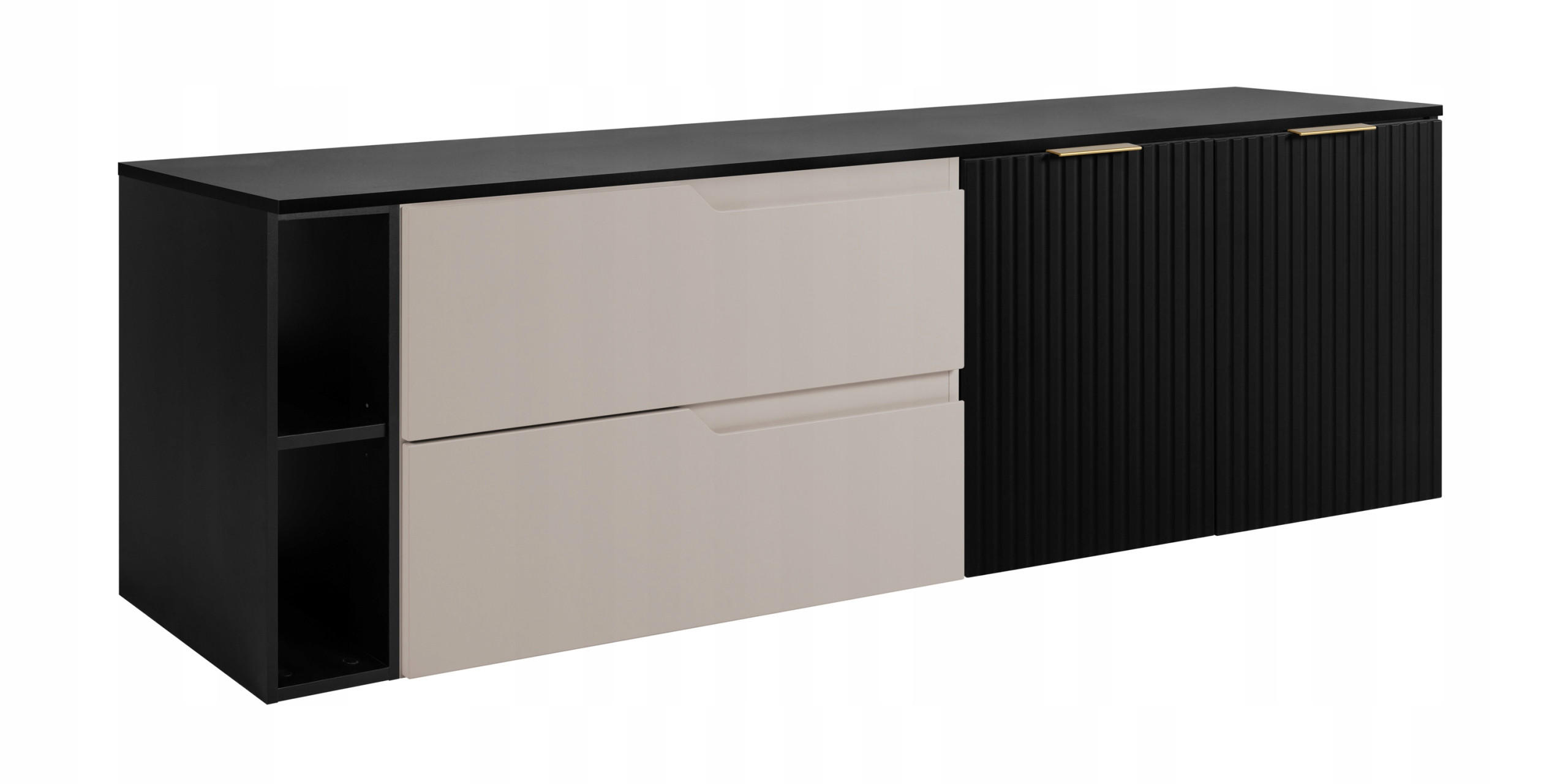 WASCHBECKUNTERSCHRANK MODERN 160cm mit Arbeitsplatte Farbe: Schwarz mit geriffelter Vorderseite + Regal Farbe: Schwarz - Kaschmir - Kaschmir, Holzwerkstoff (160/57/46cm) - Rodan
