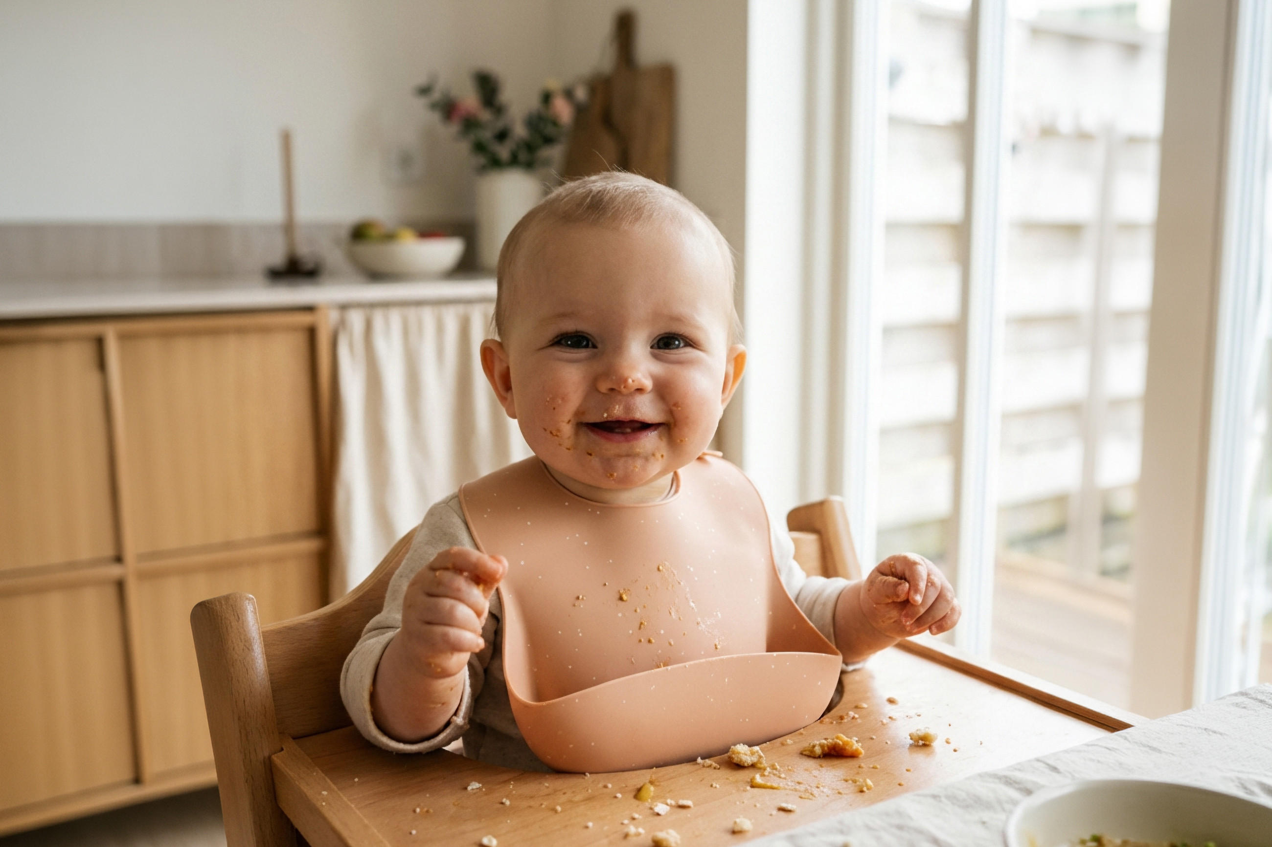 Kleinkind sitzt mit Lätzchen auf einem Hochstuhl vor einem Tisch mit verstreuten Essensresten in einem hellen Raum.