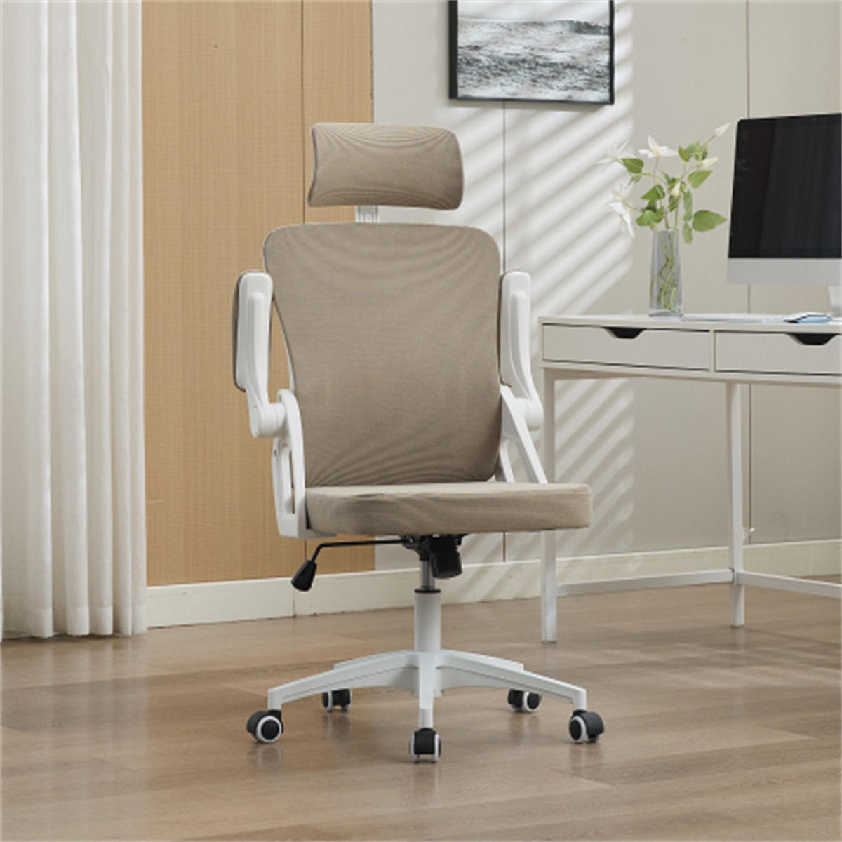 DREHSTUHL Ergonomisch Khaki, höhenverstellbar & drehbar, Metall-Stoff-Bezug, 58 x 65 x 108 cm - Hellbraun, Kunststoff (65/108/58cm) - Albatros