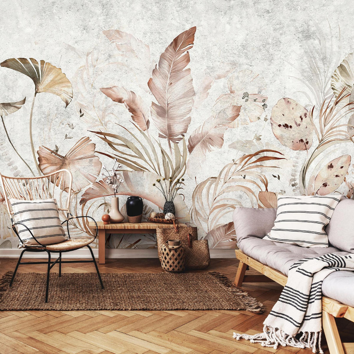 FOTOTAPETE Blätter Beton Grau 254x184 cm - Multicolor, Textil (254/184cm) - Wallarena
