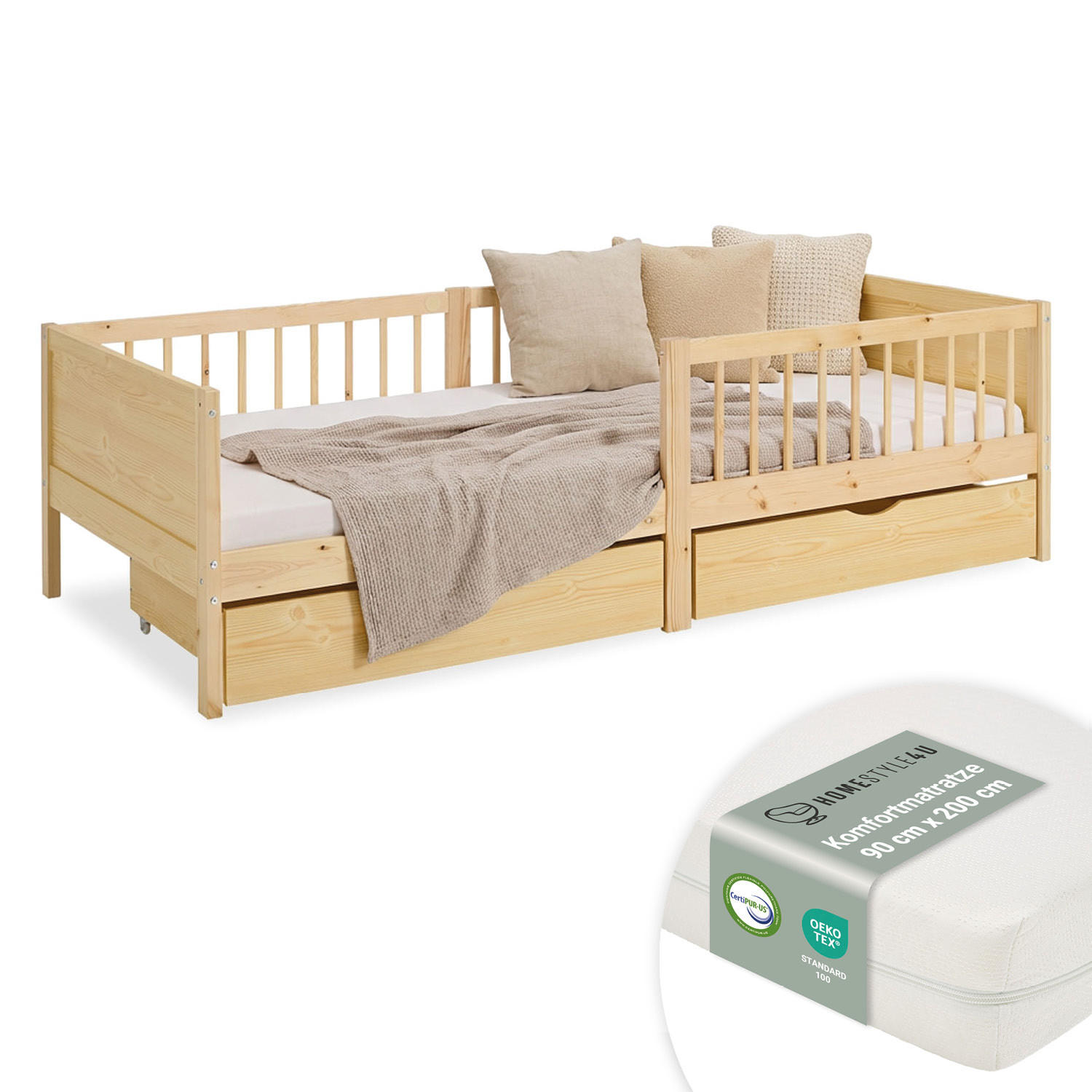 Homestyle4u Kinderbett Natur 90x200 cm