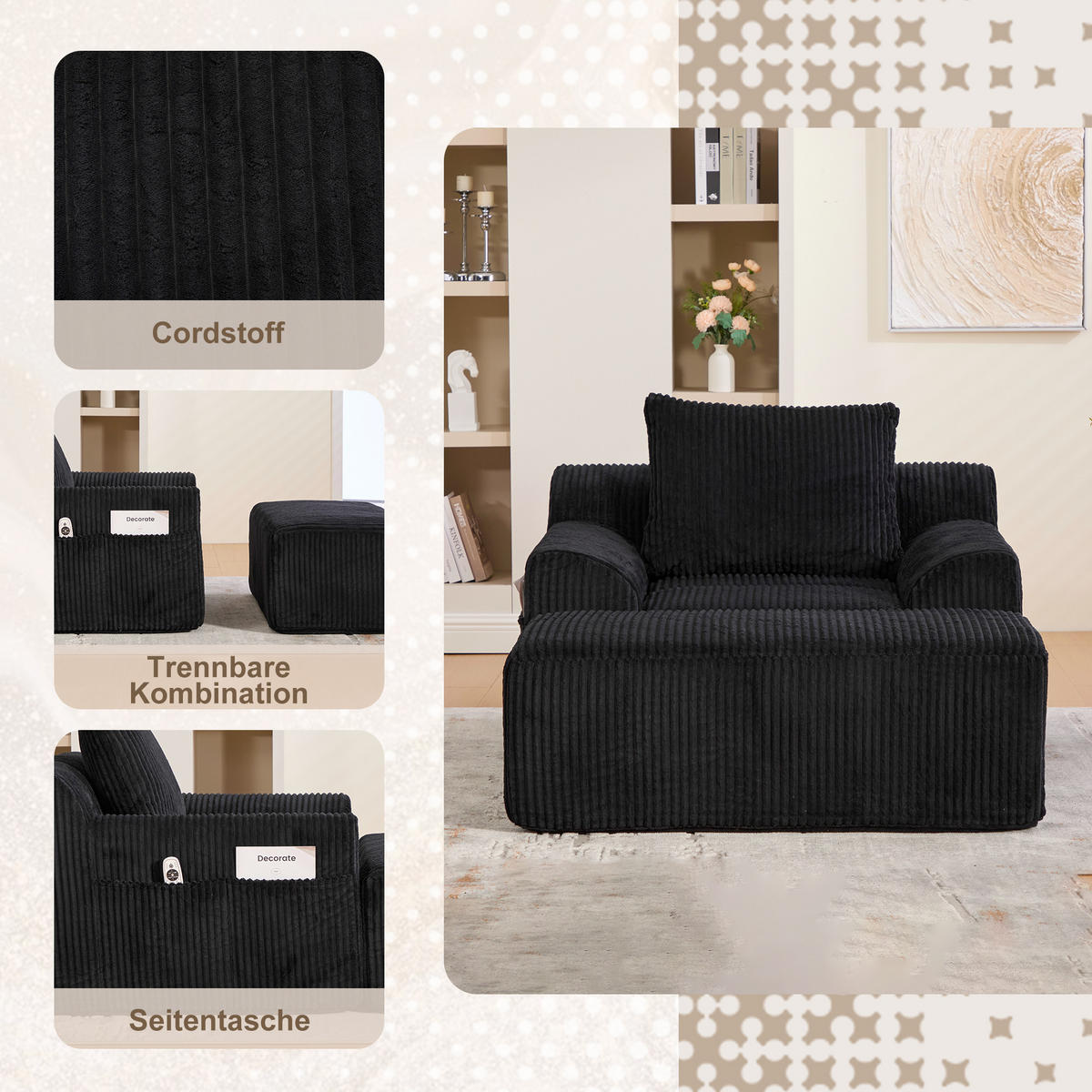 SESSEL mit Hocker in Cord Übergroßer Relaxsessel - Schwarz, Textil (147/67/110cm) - Urban Meuble