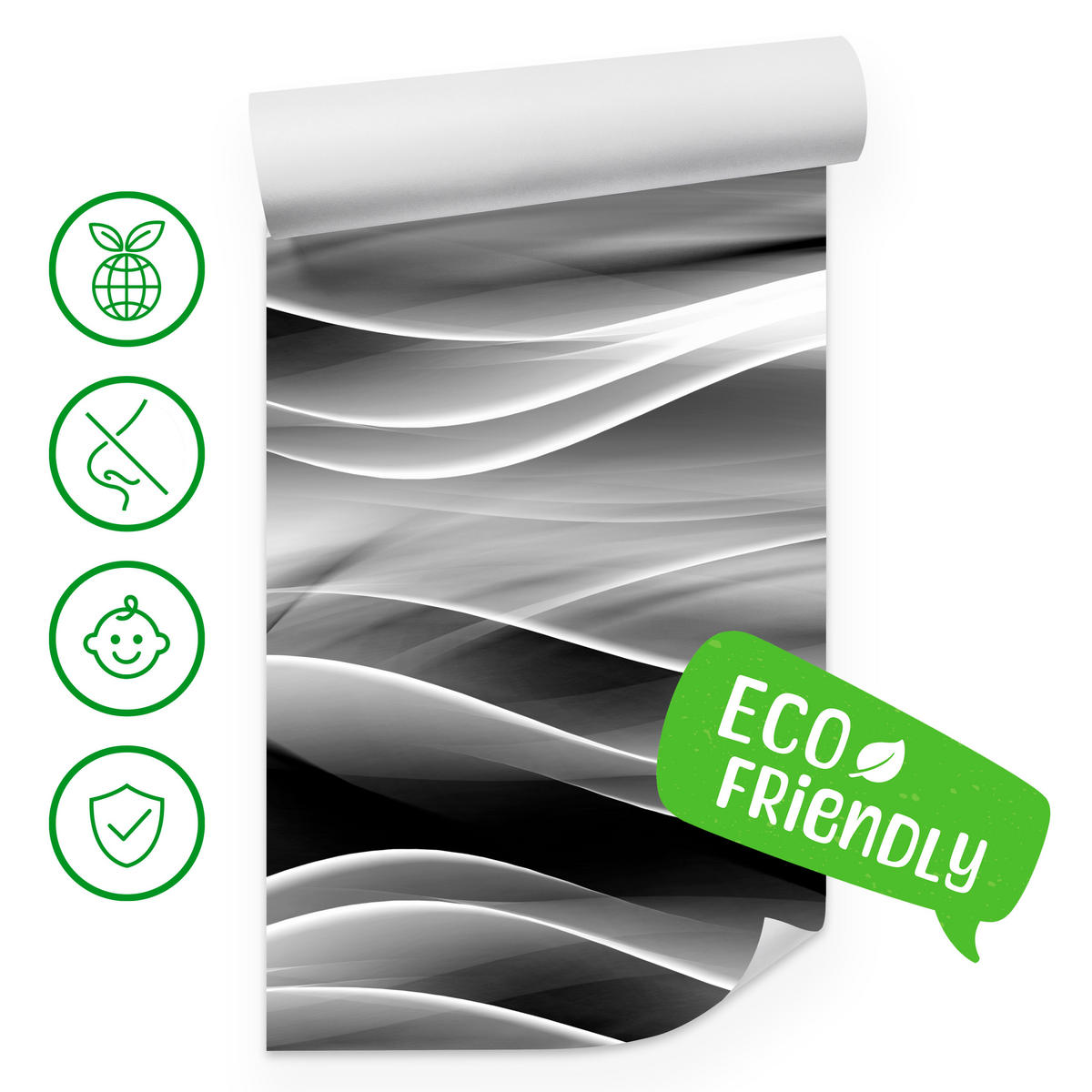 FOTOTAPETE für Badezimmer Abstrakte Monochrom Wellen Modern 100x70 - Schwarz/Weiß, Papier (100/70cm) - Muralo