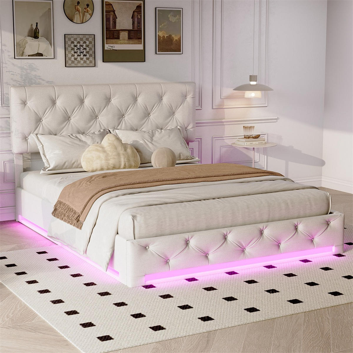 POLSTERBETT 140x200 cm mit LED-Beleuchtung - hydraulischem Bettkasten - ohne Matratze - Off-White - Creme, Textil (140/200cm) - DELFA