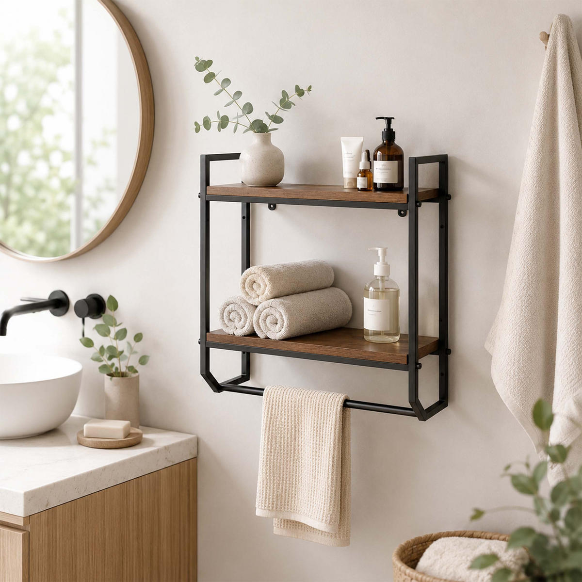 POLICA Vintage hnedá 2 úrovne držiak na uterák - hnedá, kov/kompozitné drevo (40/40/15cm) - Relaxdays