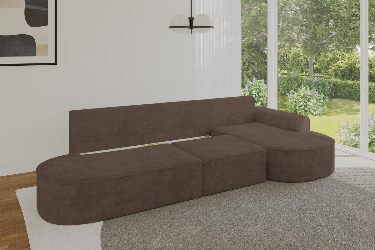 ECKSOFA mit Schlaffunktion Ottomane RECHTS MARI L2-S 368X167X85 Braun Velours - Alteiche/Schwarz, Holzwerkstoff/Kunststoff (167/368cm) - ALTDECOR