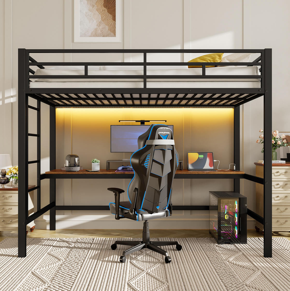 HOCHBETT 90/200 cm aus Metall mit Schreibtisch, LED-Beleuchtung und Anschlüssen - Schwarz, Metall (90/200cm) - Flora Grace