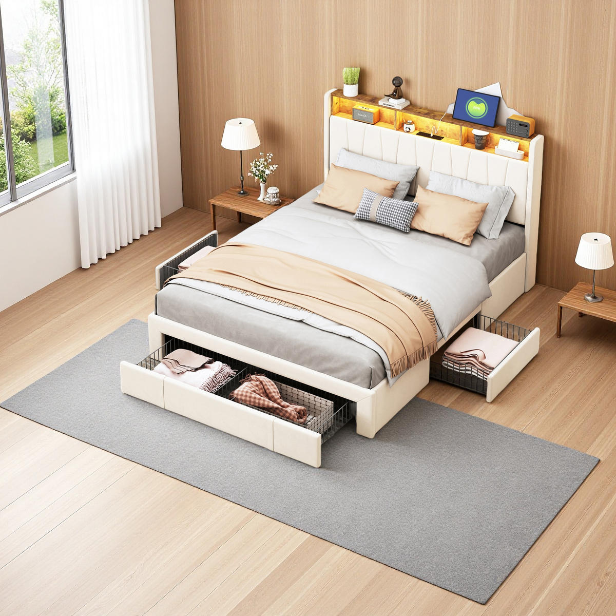 POLSTERBETT 160x200 cm LED USB 3 Schubladen Kopfteil Samt beige - Beige, Holz (160/200cm) - LEBENLANG