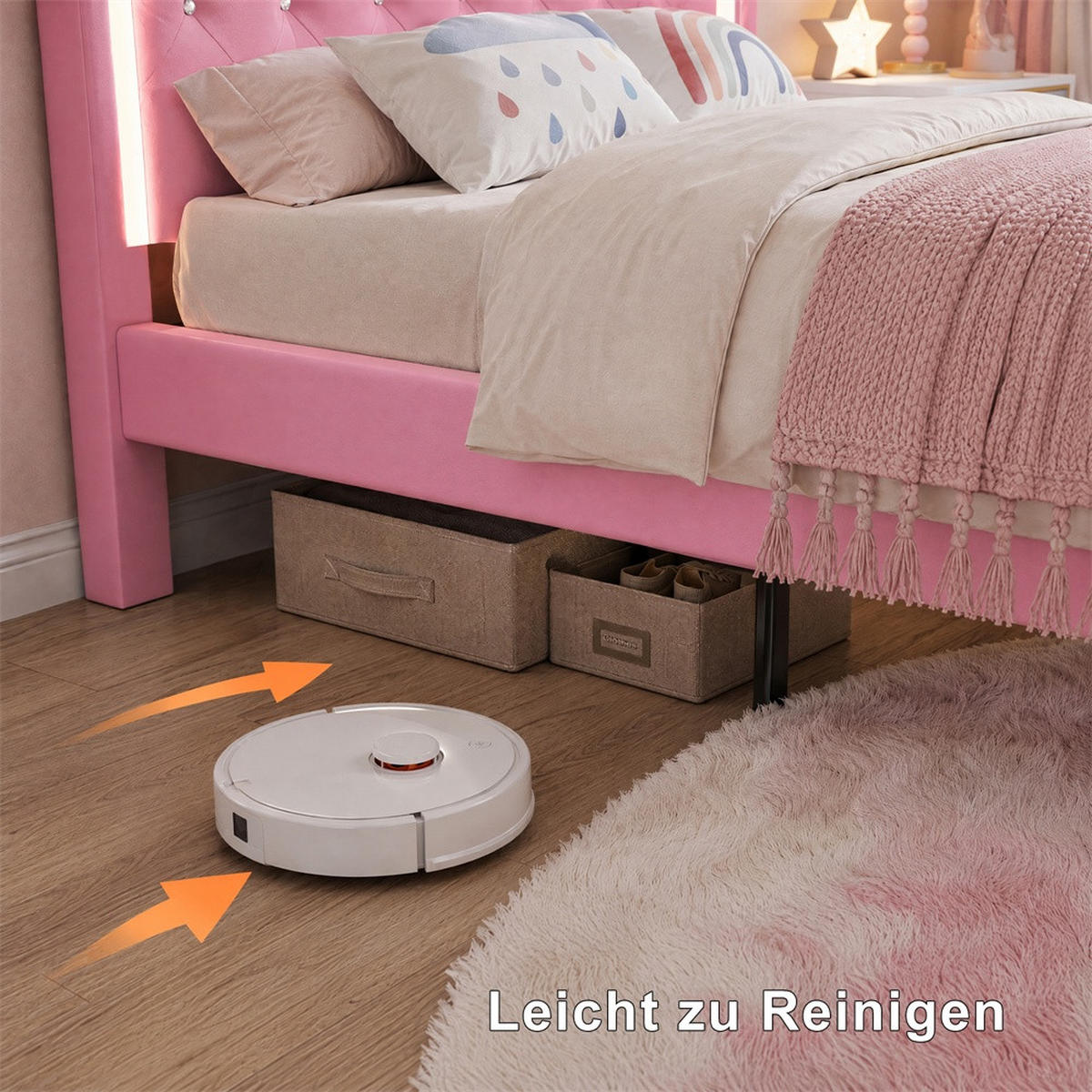 KINDERBETT 90 x 200 cm - höhenverstellbares Kopfteil mit LED-Beleuchtung und 1 Schublade - ohne Matratze - Rosa - Pink, Textil (90/200cm) - DELFA