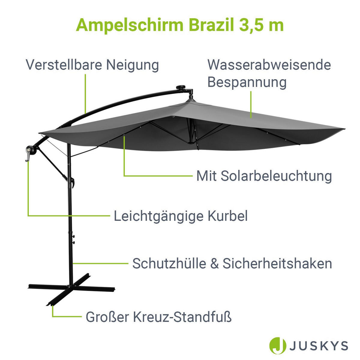 AMPELSCHIRM Brazil dunkelgrau 3,5m mit LED, Kurbel und Standfuß - Dunkelgrau, Metall (330/330cm) - Juskys
