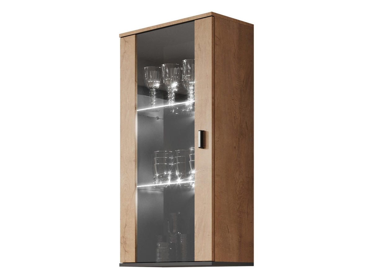 HÄNGEVITRINE Soho S02 mit blauer LED Beleuchtung - Eichefarben/Schwarz, Holzwerkstoff/Kunststoff (60/122/29cm) - MIRJAN24