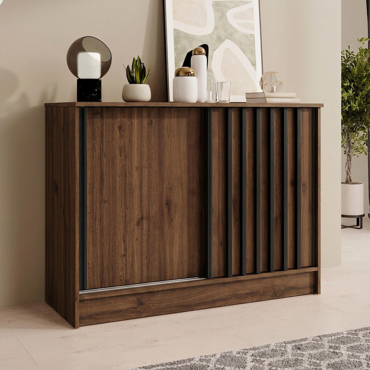 KOMMODE Horizon mit 2 Schiebetüren, 100 cm,Walnuss+Schwarz - Walnussfarben/Schwarz, Holzwerkstoff (101/85/43.5cm) - Beautysofa