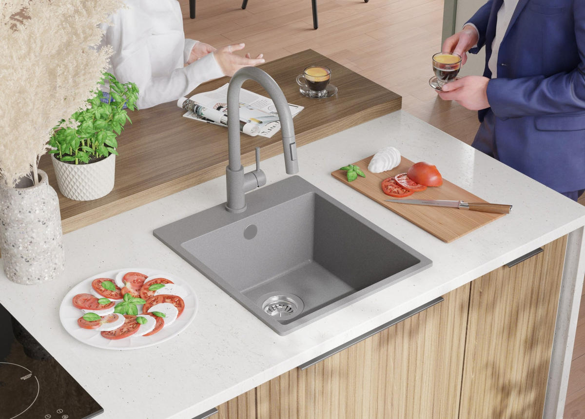 SPÜLBECKEN Riga, 2-er set Grau 43/50 cm 1 Becken + Ablauf-Set ab 45er Unterschrank - Grau, Kunststoff (43/20/50cm) - Primagran