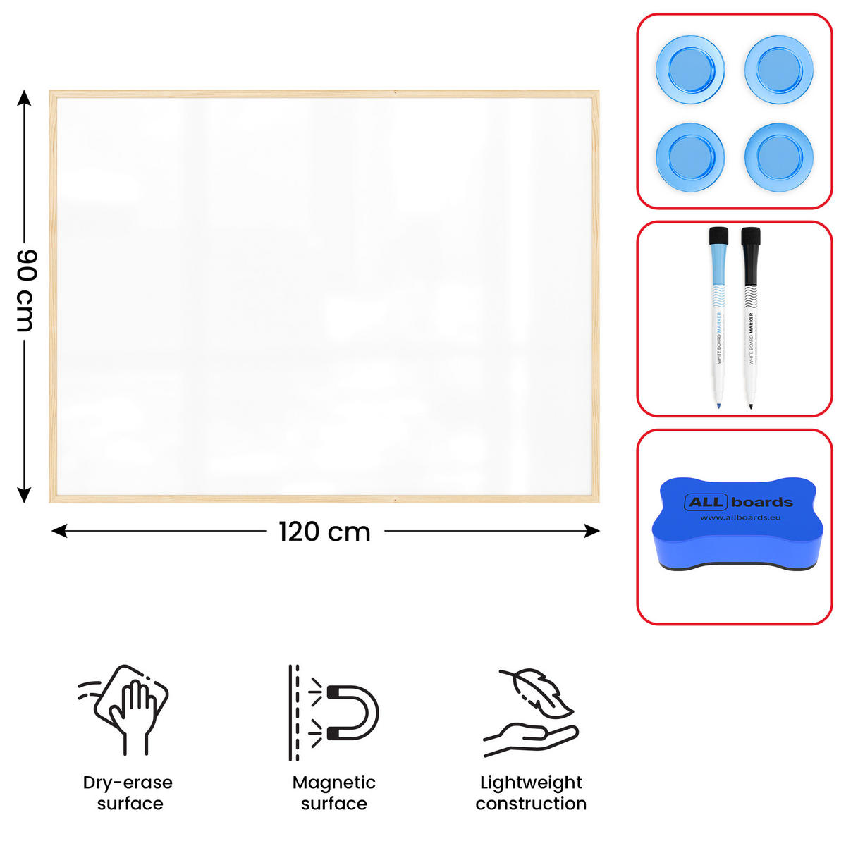 WHITEBOARD Magnetisch mit Naturholzrahmen 120x90cm - Weiß, Metall (120/90/1.5cm) - ALLboards