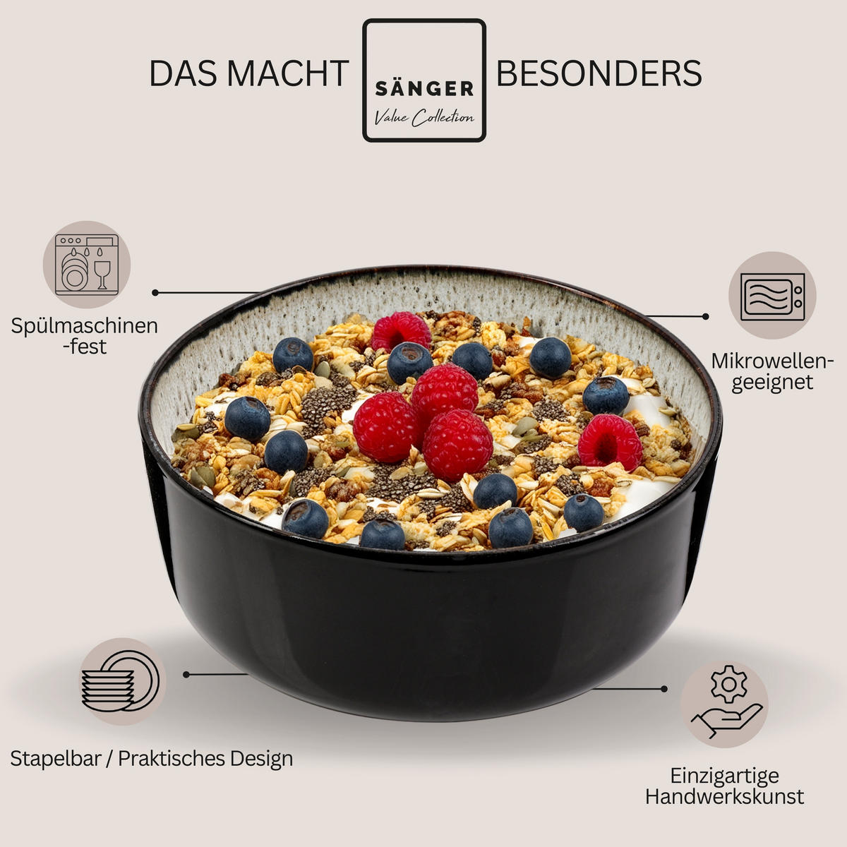 SCHALEN SET SANSIBAR - 6 teilig aus Steingut - Schwarz, Keramik (21cm) - Sänger