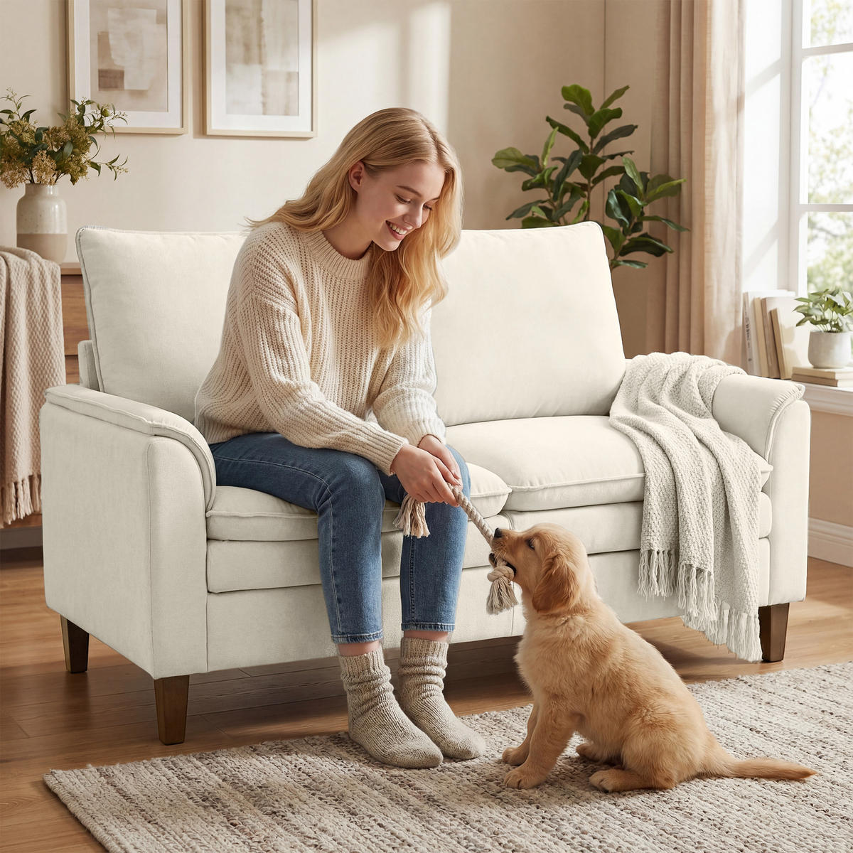 2-SITZER-SOFA DE-06580 mit doppellagiger Polsterung & Federkissen Creme - Creme, Textil/Metall (146/95/84cm) - ComfortXL