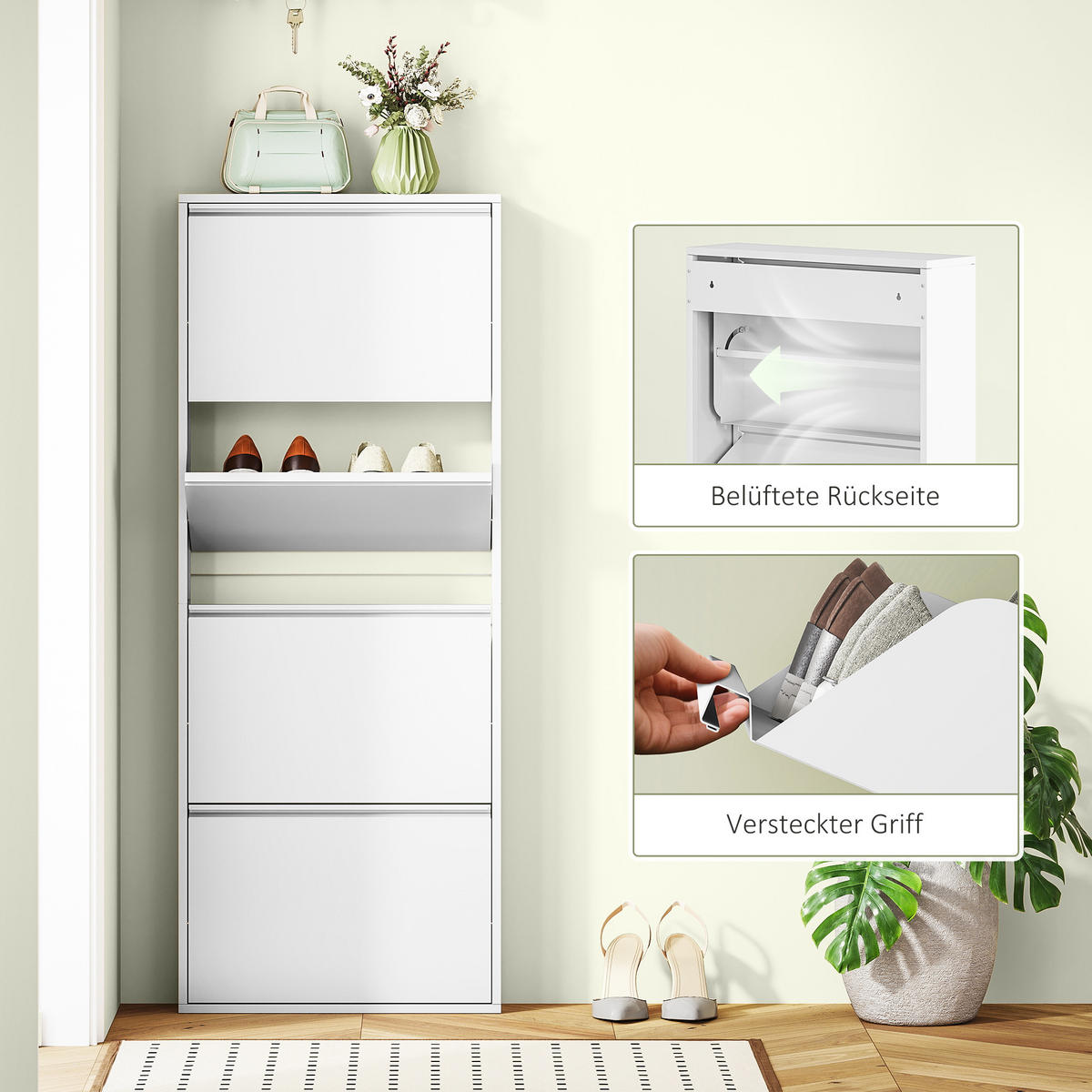 SCHUHSCHRANK mit 4 Klappen Schuhkipper Schmal für 8 Paar Metall Weiß - Weiß, Metall (15/139/55cm) - HOMCOM