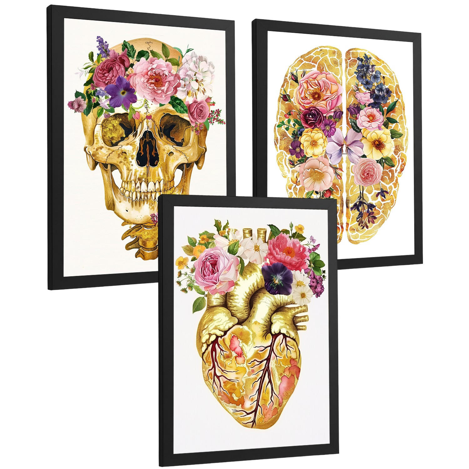 POSTER Set aus 3 Anatomie Mensch Drucke und mit Schädel Gehirn und Herz Goldene Florale Künstlerische Illustration Größe Schwarzer Rahmen A4 - Schwarz, Papier (21/29.7/3cm) - Nacnic