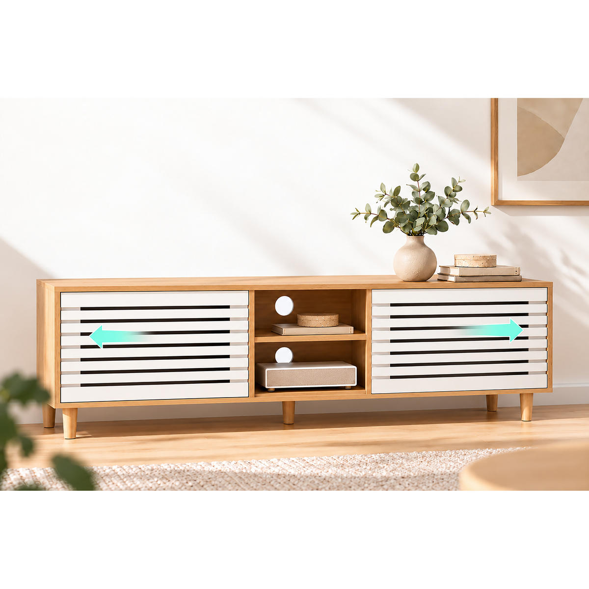 TV-SKŘÍŇKA bílá dřevodekor 2 posuvné dveře 140 cm - světle hnědá, dřevo/kompozitní dřevo (140/49/40cm) - Relaxdays