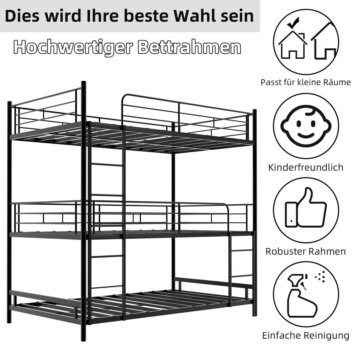 ETAGENBETT für 3 Schlafplätze mit Leitern und Schutzgittern Eisen Schwarz - Schwarz, Holzwerkstoff (90/190cm) - Beauniv