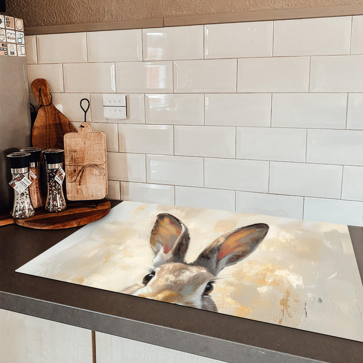 HERDABDECKPLATTE Hase - Ohren - Braun Ceranfeldabdeckung 80x52 cm - Beige, Kunststoff (80/52/0.2cm) - MuchoWow