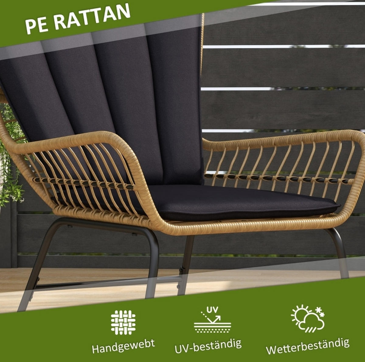 GARTENMÖBEL-SET 78/68/95 cm schwarz aus Rattan mit Tisch und Kissen - Schwarz, Naturmaterialen - OKWISH