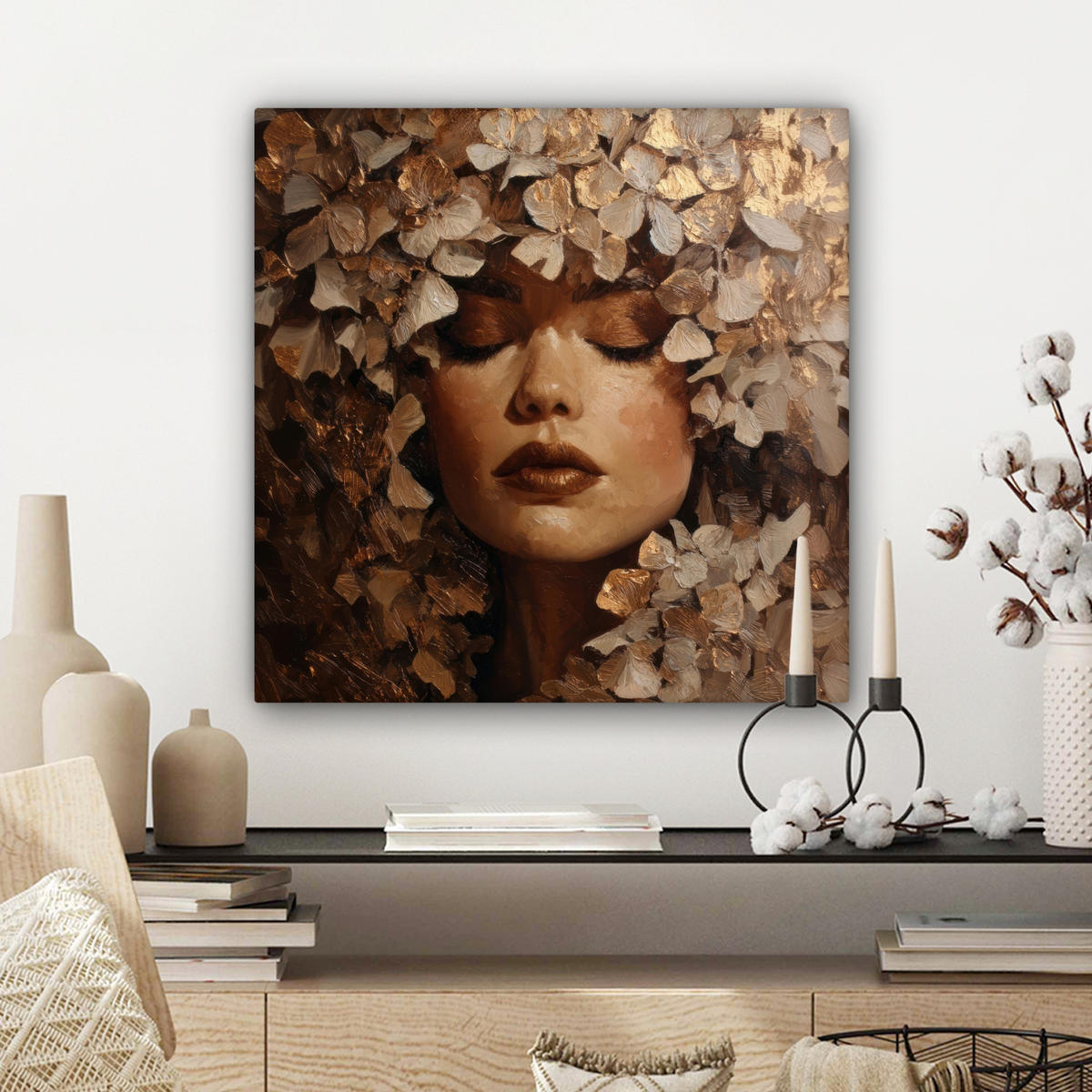 LEINWANDBILD Gesicht - Dame - Blätter - Pinselstriche Wandbild Wohnzimmer 50x50 cm - Goldfarben, Textil (50/50cm) - MuchoWow