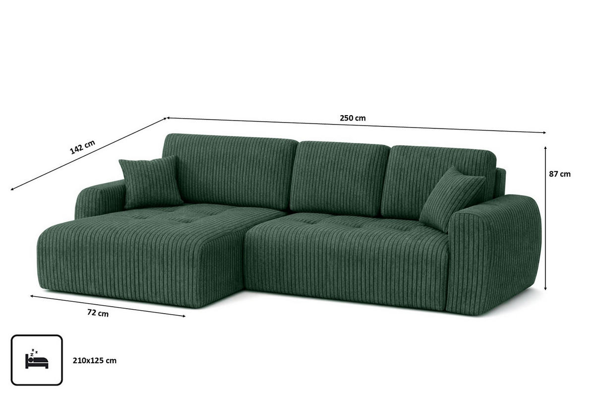 ECKSOFA Mit Schlaffunktion Und Bettkasten L-Form Ivo L, Cordstoff Poso, Grün, Links - Grün, Holz (250/142cm) - Kaiser Möbel
