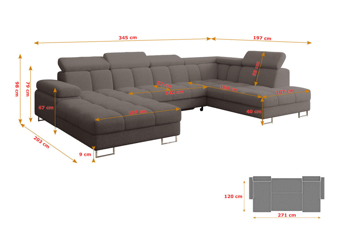 WOHNLANDSCHAFT mit Schlaffunktion und Bettkasten Ottomane RECHTS COMA U 345x203x79 Braun Bouclé - Dunkelbraun, Holzwerkstoff/Textil (203/79/345cm) - ALTDECOR
