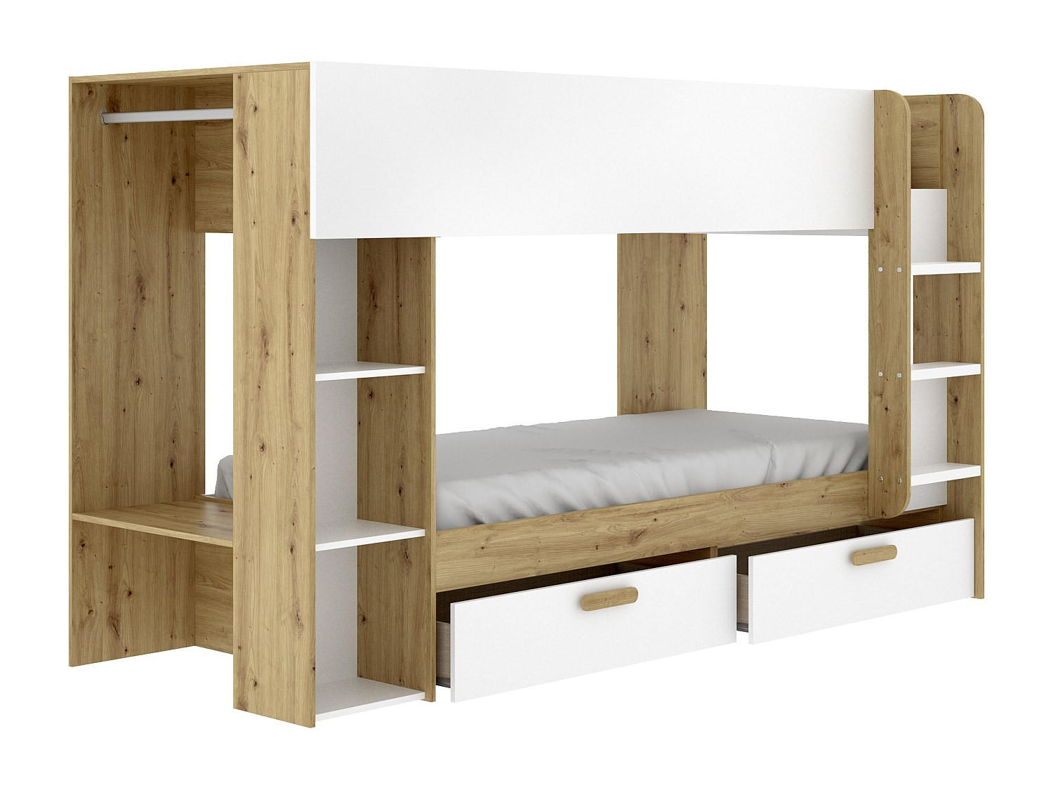 ETAGENBETT 2 x 90 x 200 cm mit Stauraum und Kleiderstange - Weiß & Holzfarben - OZANA - Naturfarben, Holz (97.3/245cm) - Vente-Unique
