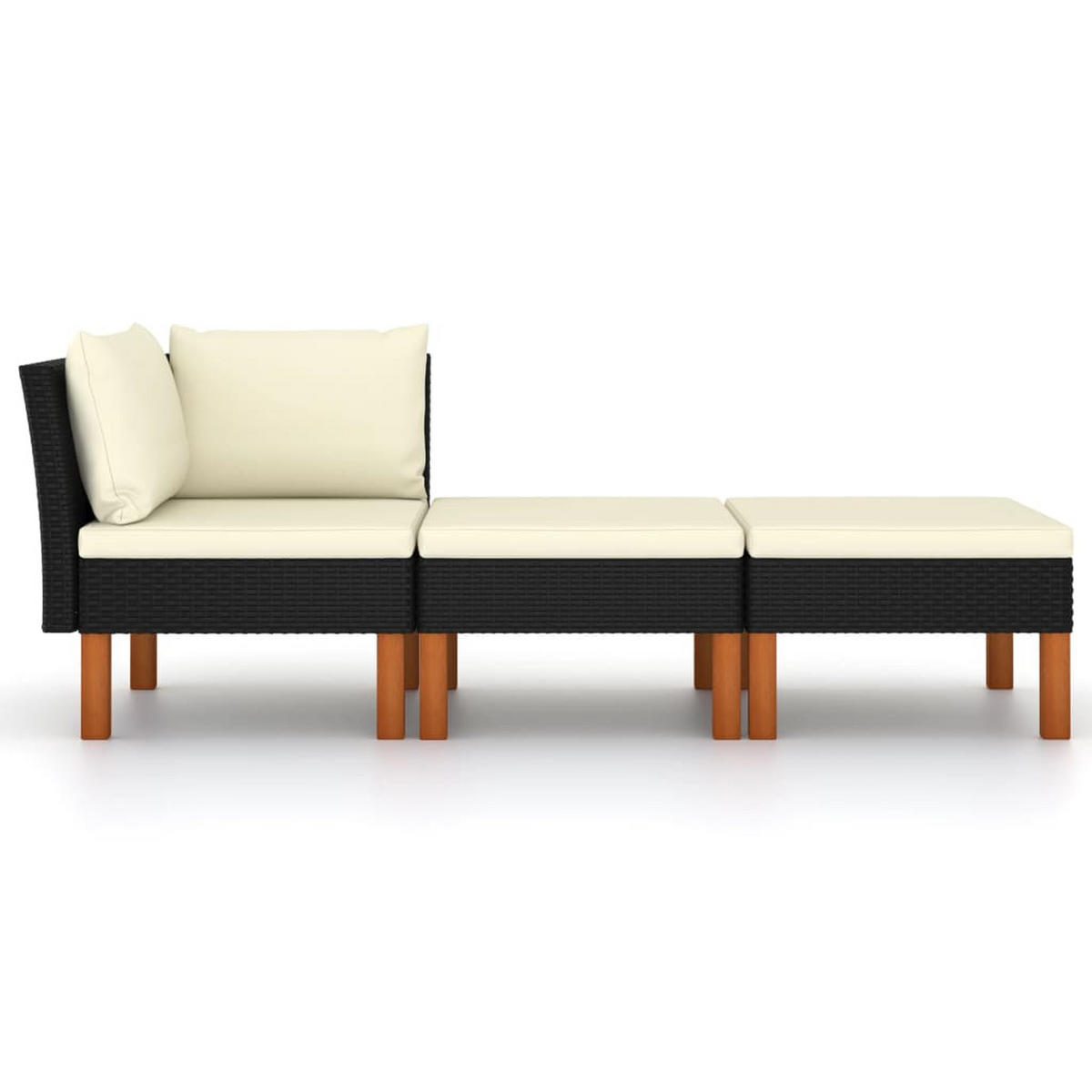 GARTEN-LOUNGE-SET 3Er Set Poly Rattan Und Eukalyptus Massivholz - Schwarz, Kunststoff - vidaXL
