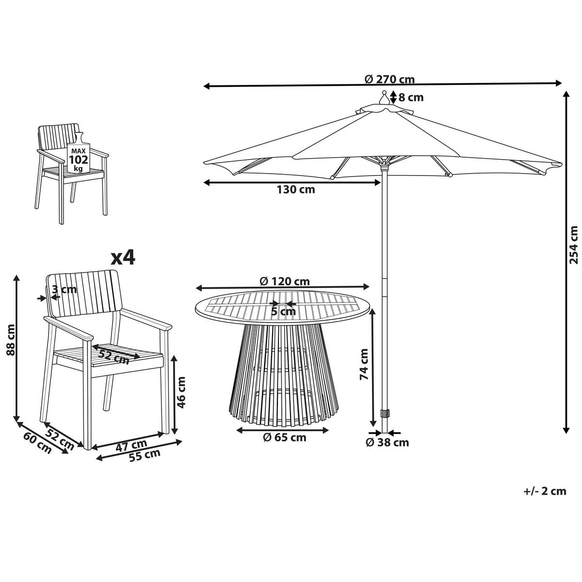 GARTENMÖBEL-SET 4-Sitzer Heller Holzfarbton mit Sonnenschirm Agello - Hellbraun/Beige, Holz - Beliani