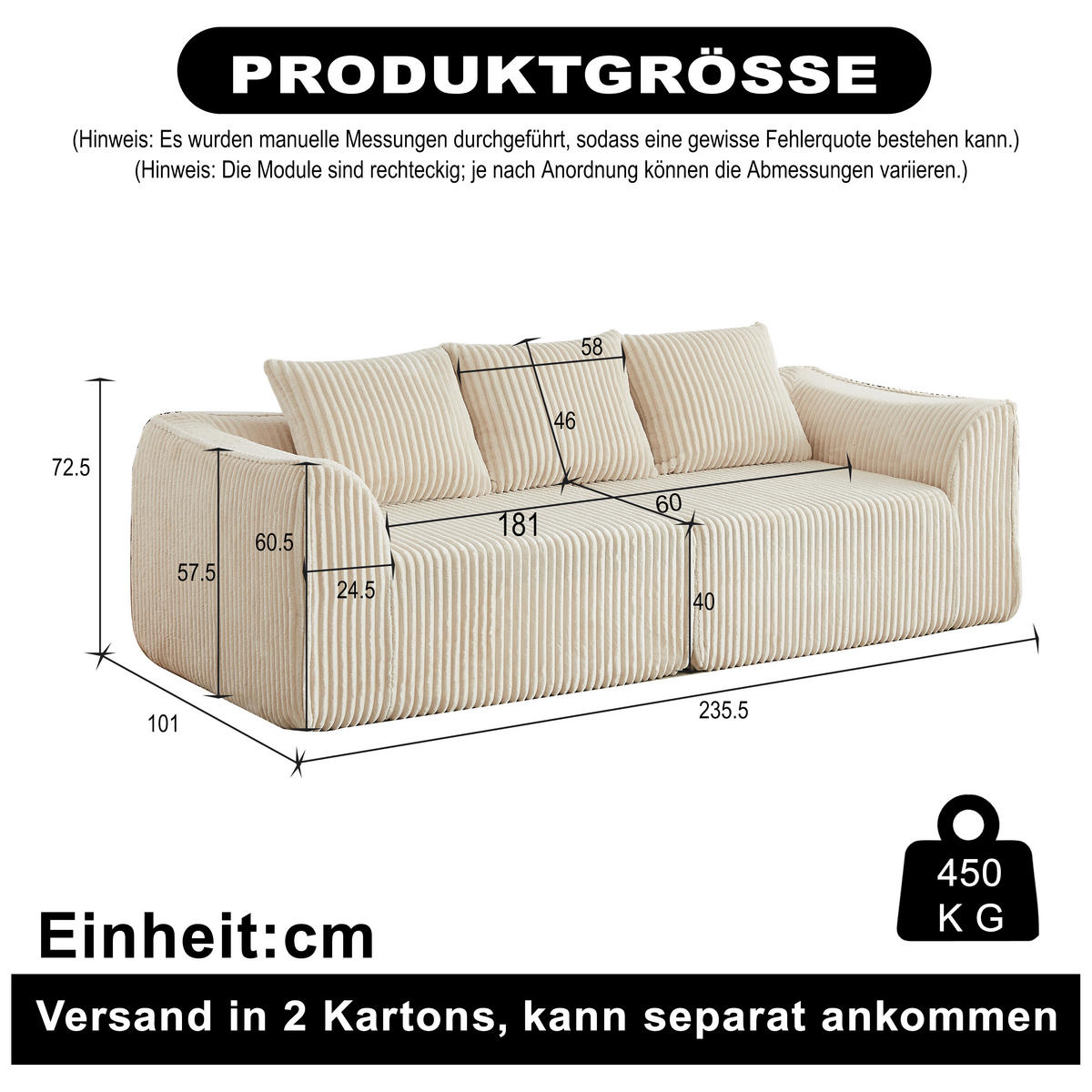 3-SITZER SOFA Cord Beige mit Kissen - Beige, Textil (235.5/72.5/101cm) - WISHDOR
