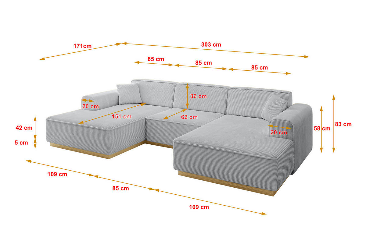 WOHNLANDSCHAFT IREA-U1-v2 - 303x171x83 cm Grau - Grau, Holzwerkstoff/Textil (303/83/171cm) - ALTDECOR