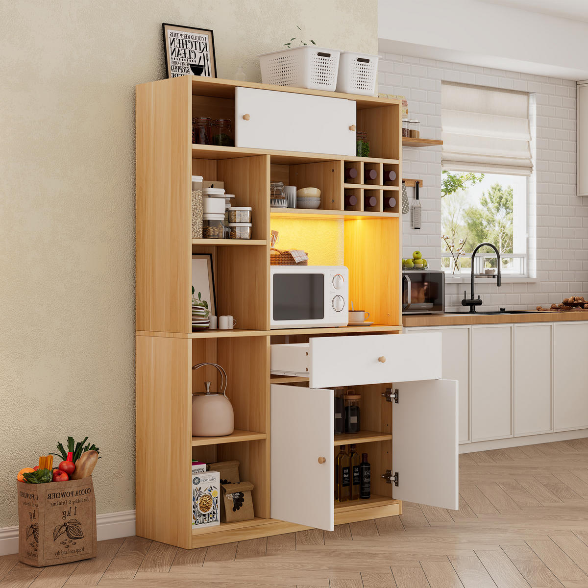 KÜCHENSCHRANK 115x35x180 cm, LED-Beleuchtung, 1 Schublade, 3 Türen, Weiß/Natur - Weiß, Holzwerkstoff (115/180/35cm) - FOHERE