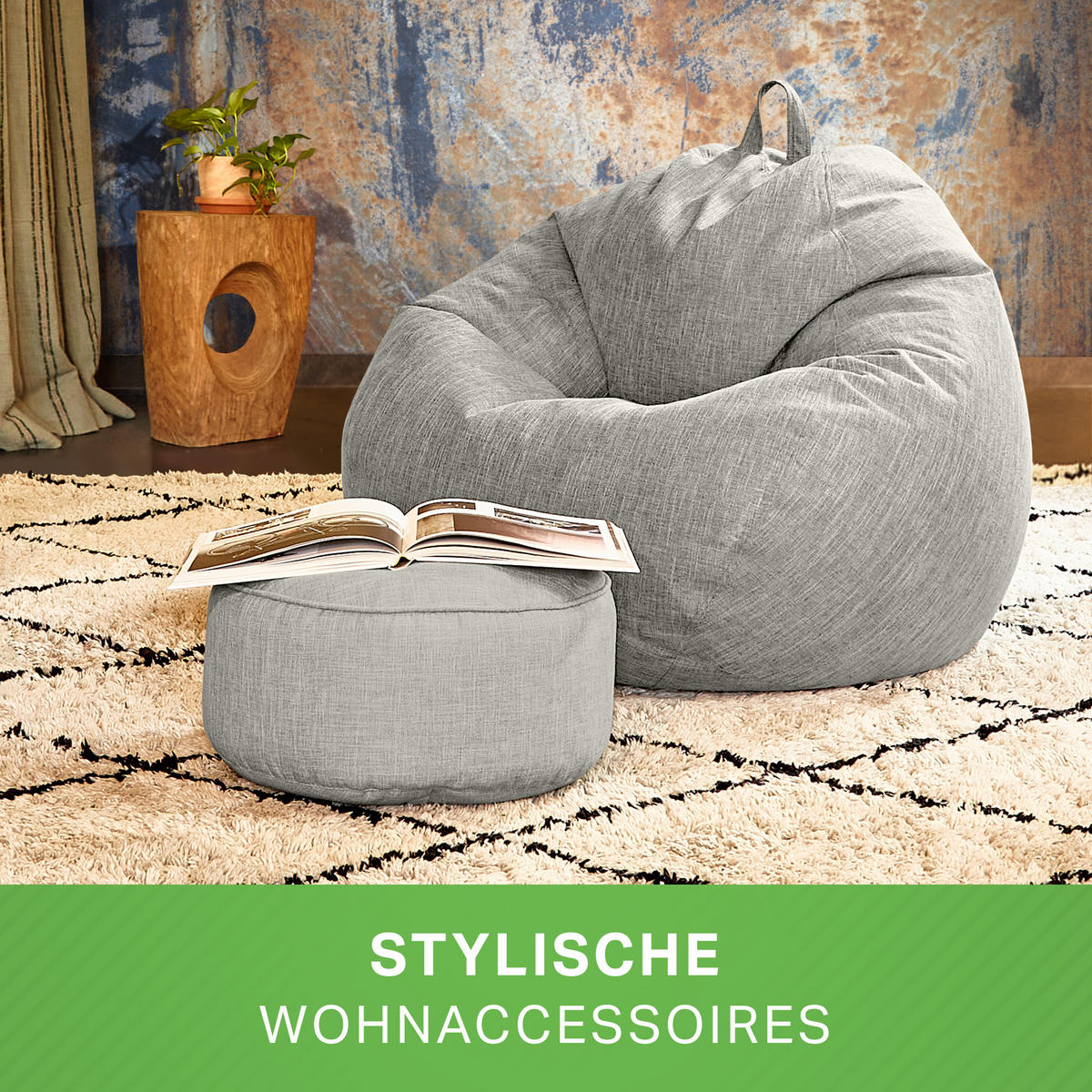 XXL-SITZSACK Indoor "Home Linen“+Hocker - Grau, Textil (100/120/50cm) - Green Bean