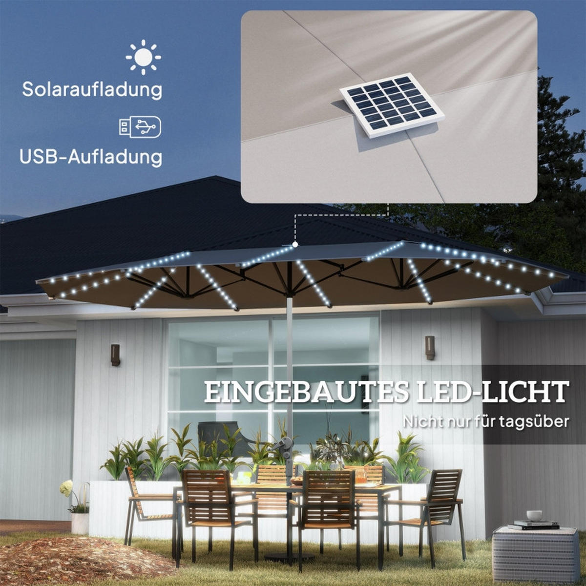 DOPPELSONNENSCHIRM MIT SOLAR-LED, 451 x 267 cm – Dunkelgrau - Grau, Metall (267/451cm) - ComfortXL