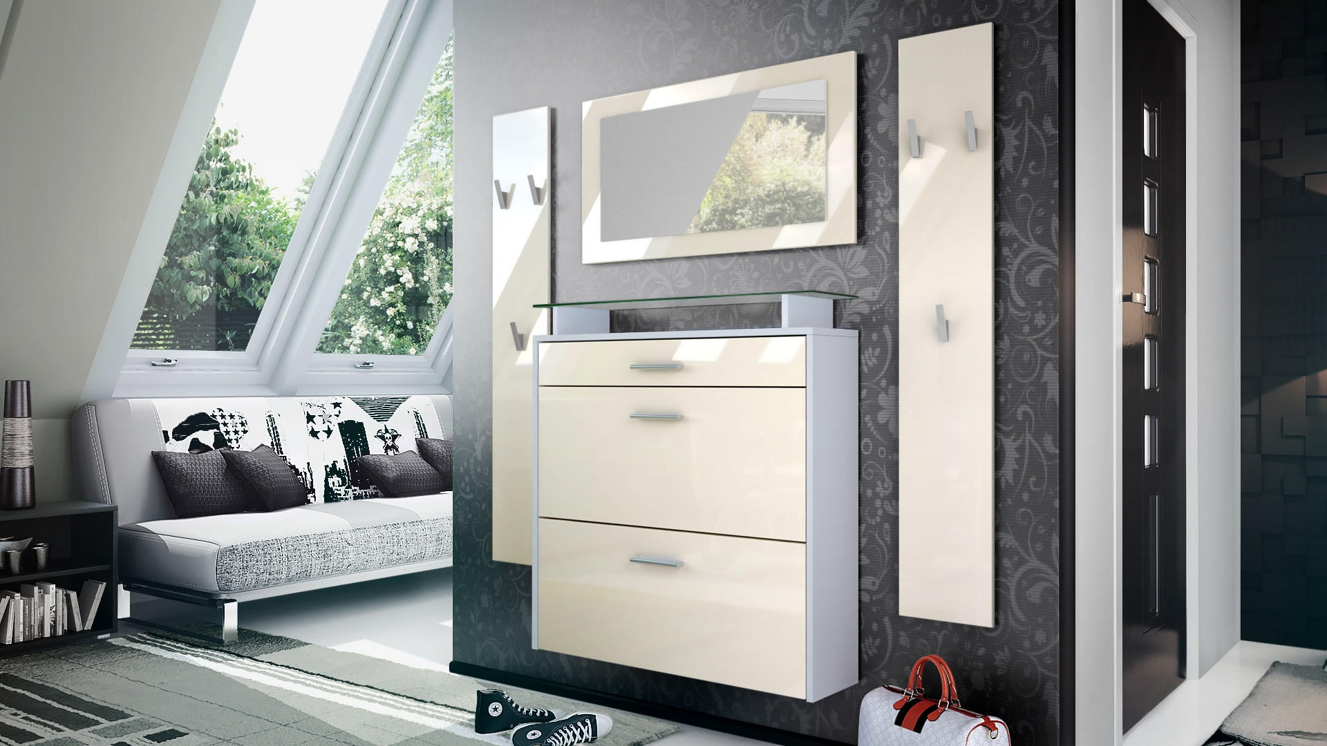 GARDEROBE Malea Front in Creme Hochglanz - Creme, Holzwerkstoff (180/180/23cm) - Vladon