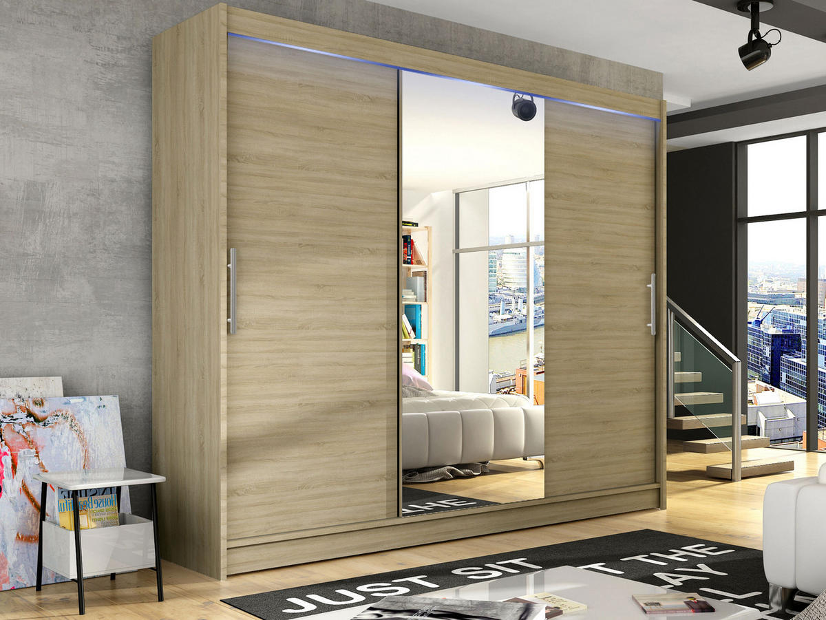 KLEIDERSCHRANK Aston I, mit RGB LED Beleuchtung - Silberfarben/Sonoma Eiche, Holzwerkstoff/Kunststoff (250/215/58cm) - MIRJAN24