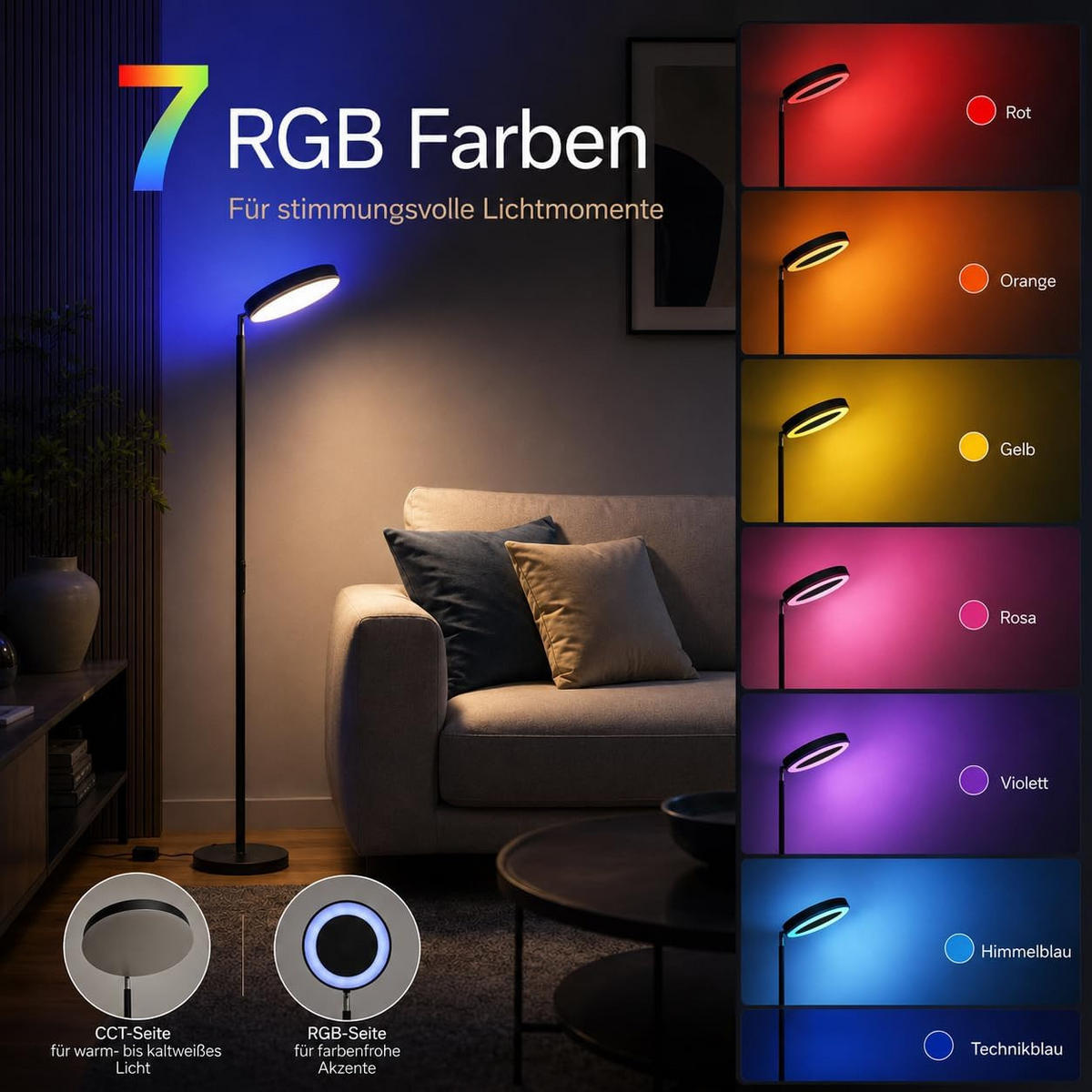 STEHLEUCHTE FL1081 LED RGB CCT Schwenkbar - Schwarz, Metall (25/25/180cm) - LOVHAUS
