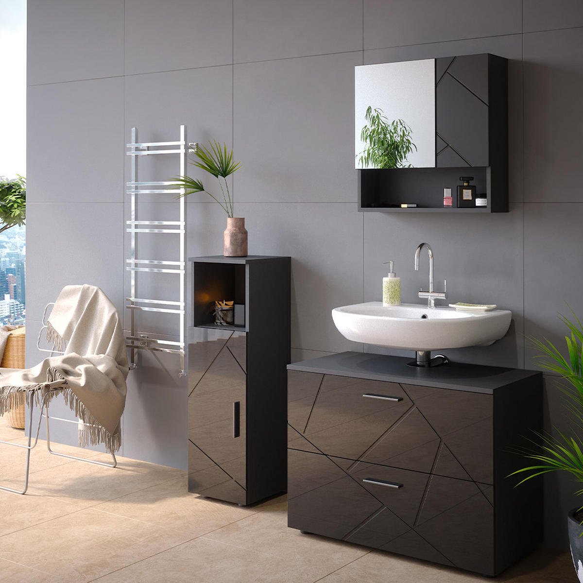 BADMÖBEL-SET Irma Anthrazit Hochglanz 3 Teile, mit Midischrank - Schwarz Hochglanz/Anthrazit, Holzwerkstoff (80/58.6/41cm) - Vicco