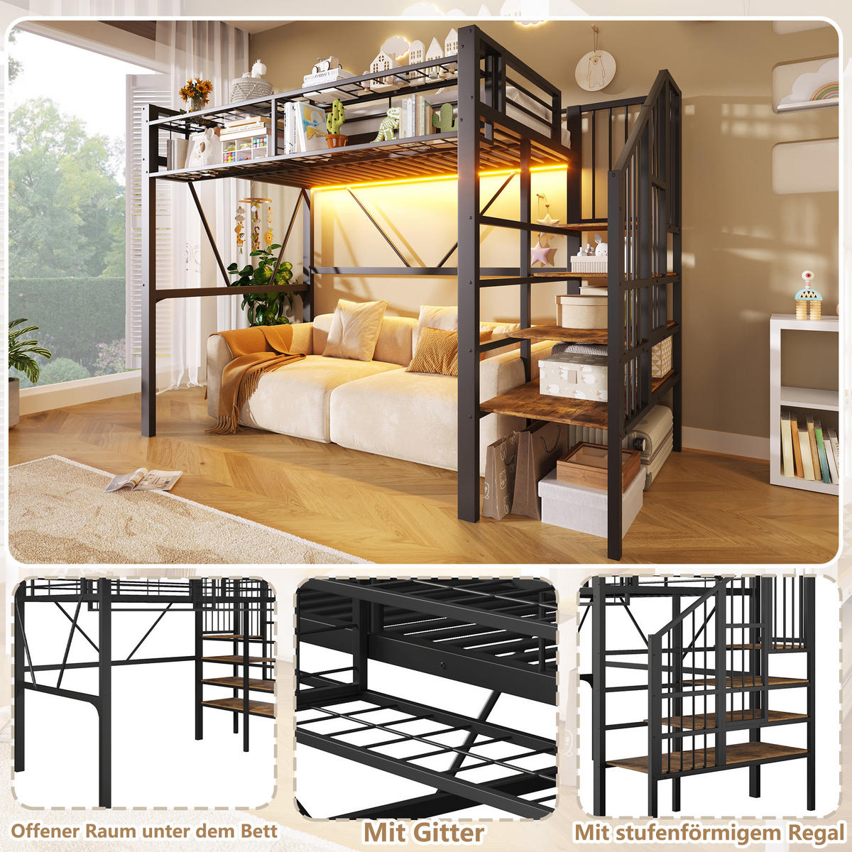 HOCHBETT 90/200 cm in Schwarz mit Stufenregal, Gitterelementen, Stauraum und LED aus Metall und MDF - Schwarz, Metall - STILVORA